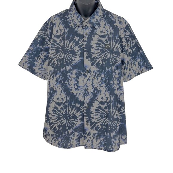 Oakley Mens XL Short Sleeve Button-Up Tie-Dye Shirt Blue Gray Regular Fit - Picture 2 of 11